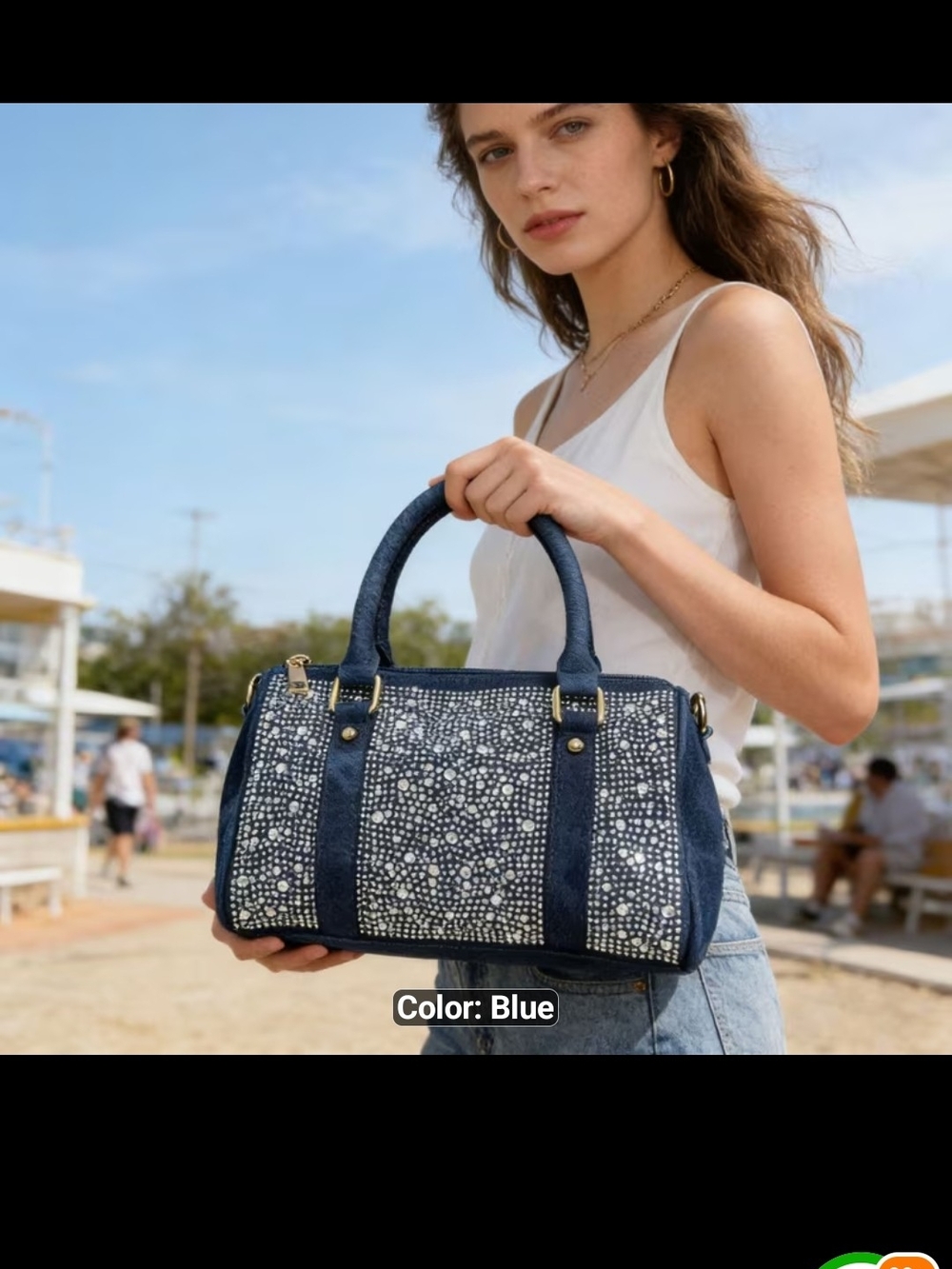 Blue Studded Satchel Handbag - Women's Fashion Tote